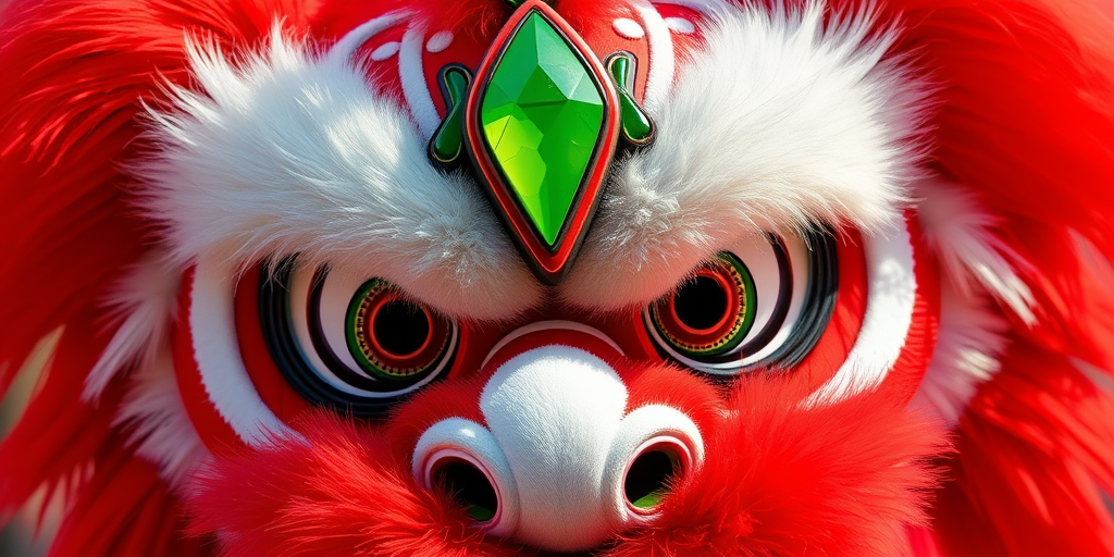 Create a detailed illustration of a colorful lion dance mask with vibrant red and white fur, large expressive eyes, and a green jewel on the forehead, shot with a DSLR camera at f/2.8, ISO 100, 50mm lens, in vibrant colors under natural lighting, with a shallow depth of field for enhanced detail.