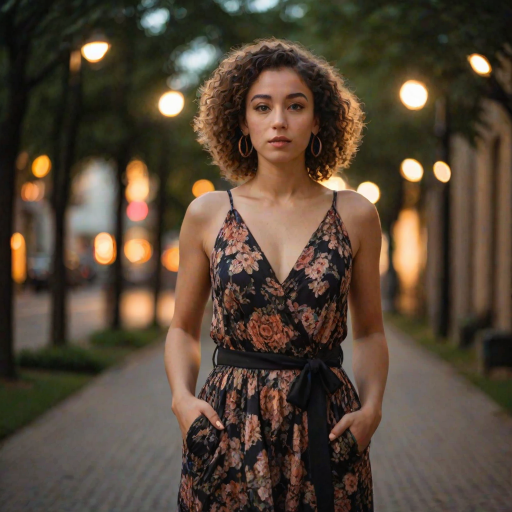 Midshot, woman, dusk setting, outdoor, floral dress, black belt, standing, bokeh background, street lights, tree-lined pathway, medium shot, contemplative expression, curly hair, natural makeup, hoop earrings, hand in pocket, warm color tone, blurred background, shallow depth of field, fashionable attire, young adult, dusk lighting