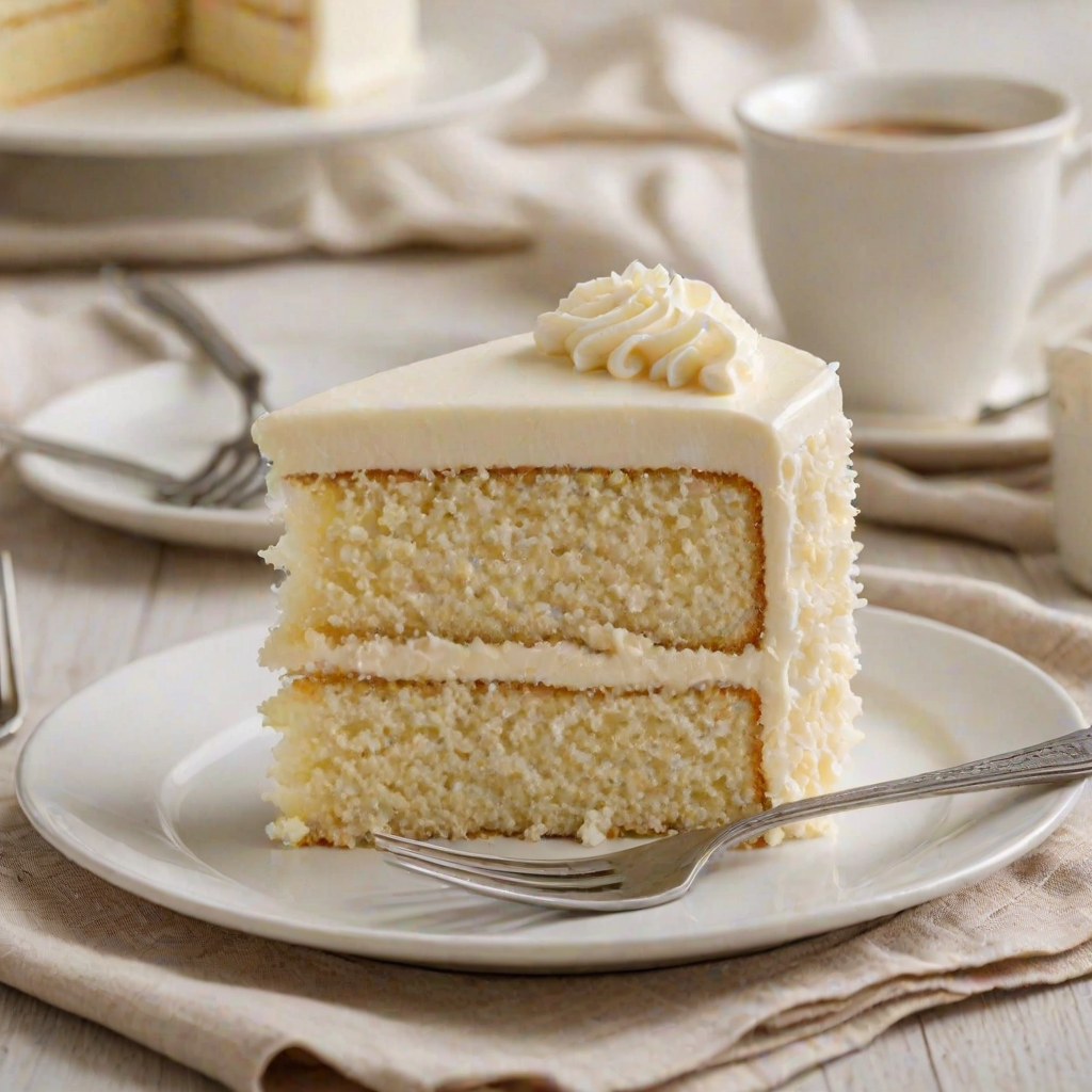 Generate an image of a slice of moist vanilla cake with cream cheese frosting on a white plate. The cake should have a soft and fluffy texture, with a smooth, thick layer of frosting on top. Include a fork resting beside the cake and a blurred background of a glass dish containing more cake. The setting should feel warm and inviting, with a simple tablecloth underneath.