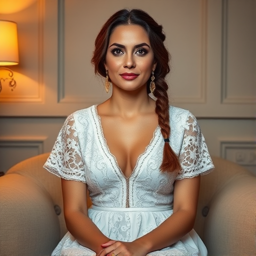 Create a portrait of a refined and elegant Kurdish woman seated in a sophisticated setting. She has long, wavy hair styled in two thick braids that are pulled over her shoulders. She wears a white, lace gown with intricate patterns, featuring a deep V-neckline and short sleeves. The dress exudes a vintage charm with its delicate lacework. She is adorned with ornate, dangling earrings that add a touch of glamour to her appearance. The background is softly lit, with warm, ambient lighting that creates a cozy and inviting atmosphere. Her expression is poised and serene, capturing a sense of grace and elegance.