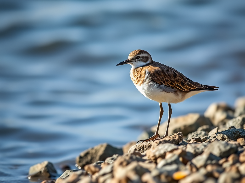 capture a close-up of a bird standing on a rocky shoreline near water, natural light, shallow depth of field, ISO 200, f/4, 1/250s, DSLR camera, 50mm lens, soft focus background