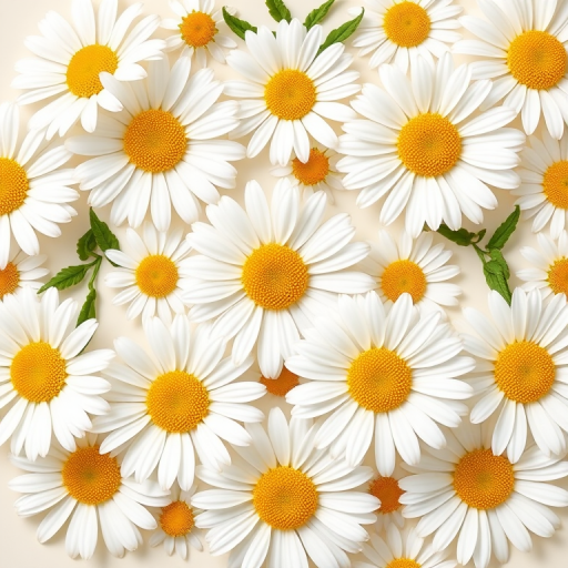 Create a seamless pattern of white daisies with yellow centers and green leaves on a light cream background, shot with a DSLR camera at f/8 for depth of field, 1/125 sec shutter speed, ISO 200, top-down view to capture the full design, using a macro photography style for intricate detail.