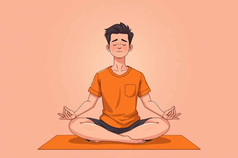 Create an illustration of a person meditating in a casual orange shirt, sitting cross-legged on a yoga mat, with a serene expression, using a digital art style, in a high-resolution format at 300 DPI, with a soft focus effect to enhance the calming atmosphere.