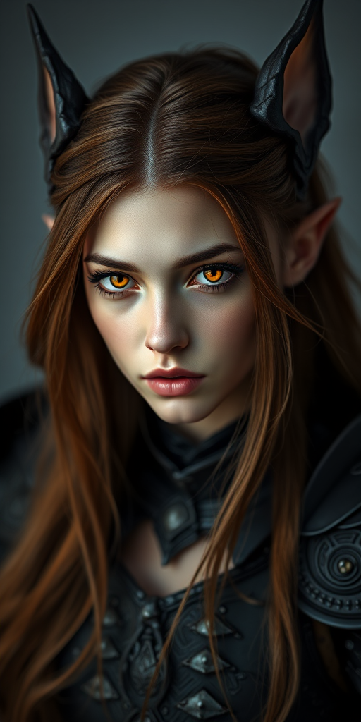 Create a hyper-realistic portrait of a female fantasy character with long brown hair and pointed ears, glowing orange eyes, wearing intricate dark armor, captured in a studio with soft diffused lighting, 85mm lens, f/1.4 aperture, ISO 100, 1/200 sec shutter speed, focusing on facial details and textures.