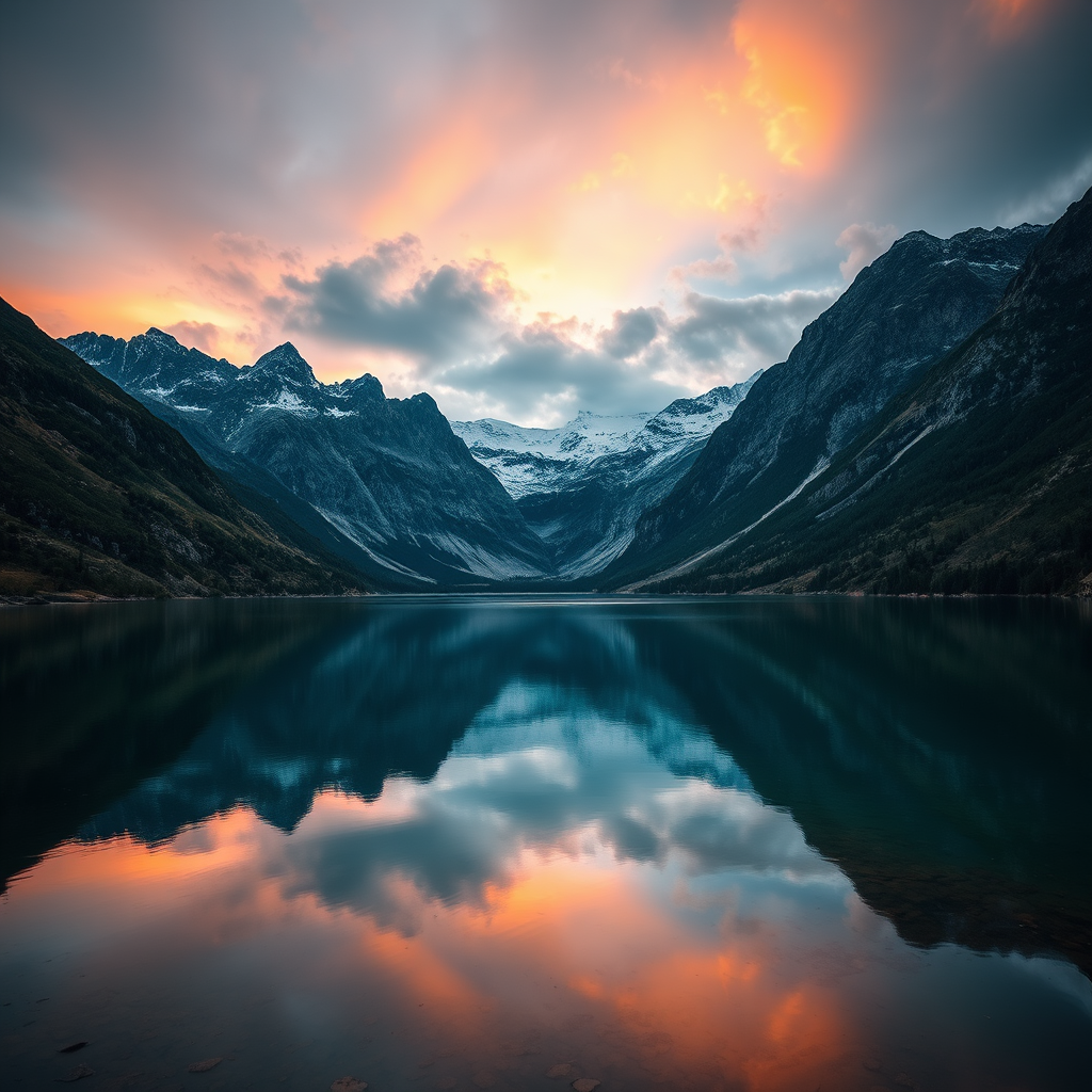 Generate a high-resolution image of a serene landscape featuring a calm lake surrounded by mountains at sunset, using a DSLR camera with a 24mm lens, f/8 aperture, ISO 100, 1/125 second exposure, in landscape view, with vibrant colors and enhanced saturation for clarity.