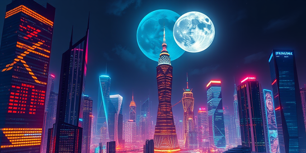 Futuristic cityscape at night with glowing skyscrapers under a large moon, high dynamic range, ISO 100, f/8 aperture, 20mm lens, long exposure, wide-angle view, vibrant colors, digital art style.