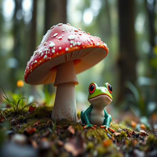 Create an image of a cartoon frog sitting under a red and white mushroom in a lush green forest, using a DSLR camera with a 50mm lens, aperture f/2.8 for a shallow depth of field, capturing a close-up view with vivid colors and soft background blur.
