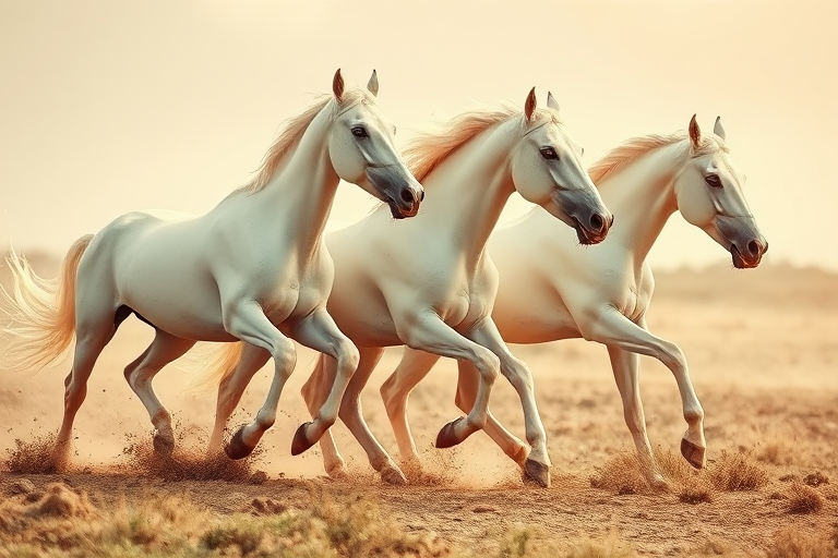 Generate a dynamic artwork of three white horses galloping, in a vintage style with soft sepia tones, using a high-resolution DSLR camera with an aperture of f/2.8, shutter speed of 1/500s, focal length of 50mm, and a soft focus lens to create a dreamy effect.