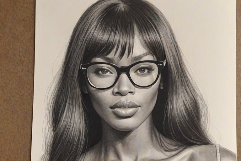 Lovely Naomi Campbell, pencil sketch, portrait of Sublime woman 1962s in glasses, hair style beatnik, outline, clear lines, fine lines, 8k