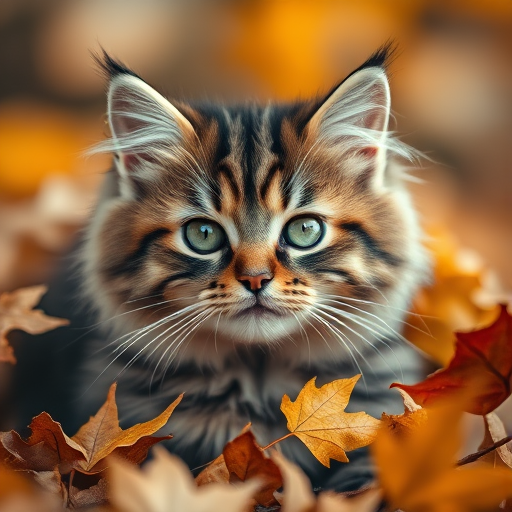 A close-up of a fluffy tabby cat sitting among autumn leaves, soft focus background, natural lighting, aperture f/1.8, ISO 200, shutter speed 1/250s, DSLR camera with a 50mm lens.