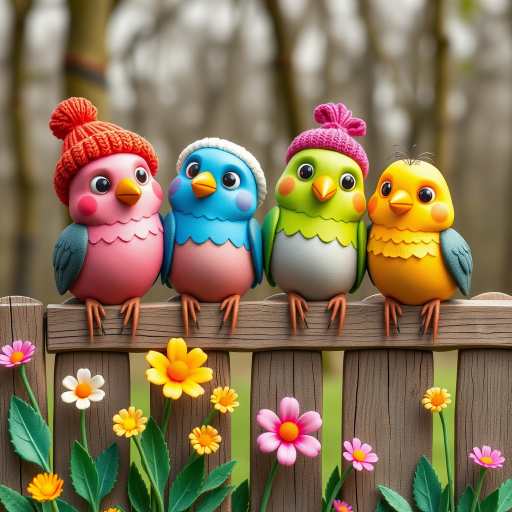 create a scene of 4 quirky  whimsical colourful comical birds each with a funny expression. they are sat on a wooden fence with colourful flowers. they are all different sizes. each one is a different colour  one is wearing a woolly hat. Each one has a different quirky google expression and there is a muted background of trees watercolour paintierly style high definition 8k resolution 3D paper mache