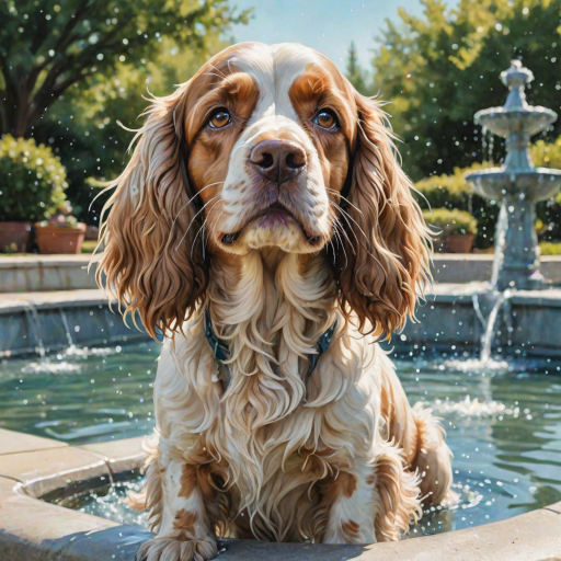 Watercolor ink illustration, A digitally created artwork of a Cocker Spaniel dog leaning on a water fountain, eyes closed, tongue out as if lapping water. The white dog has brown and cream patches, especially on its ears and face. Water splashes around it with detailed droplets. The background features a soft blue-green gradient, suggesting a sunny day. The style is realistic, focusing on the texture of fur and water for a lifelike, vibrant feel.