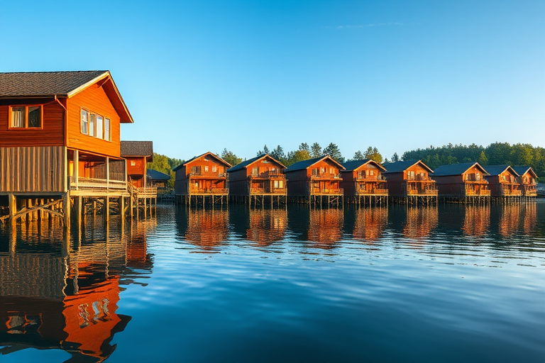 Capture a serene lakefront view of wooden houses on stilts, reflecting on calm water, with a clear blue sky and lush greenery, using a DSLR camera, 24mm lens, aperture f/8, ISO 200, shutter speed 1/200s, in early evening light for enhanced color saturation.