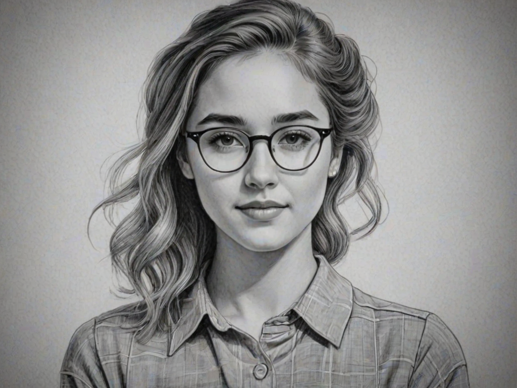 Enchanting Haley Lu Richardson, pencil sketch, portrait of Charming woman 1945s in glasses, hair style beatnik, outline, clear lines, fine lines, 8k