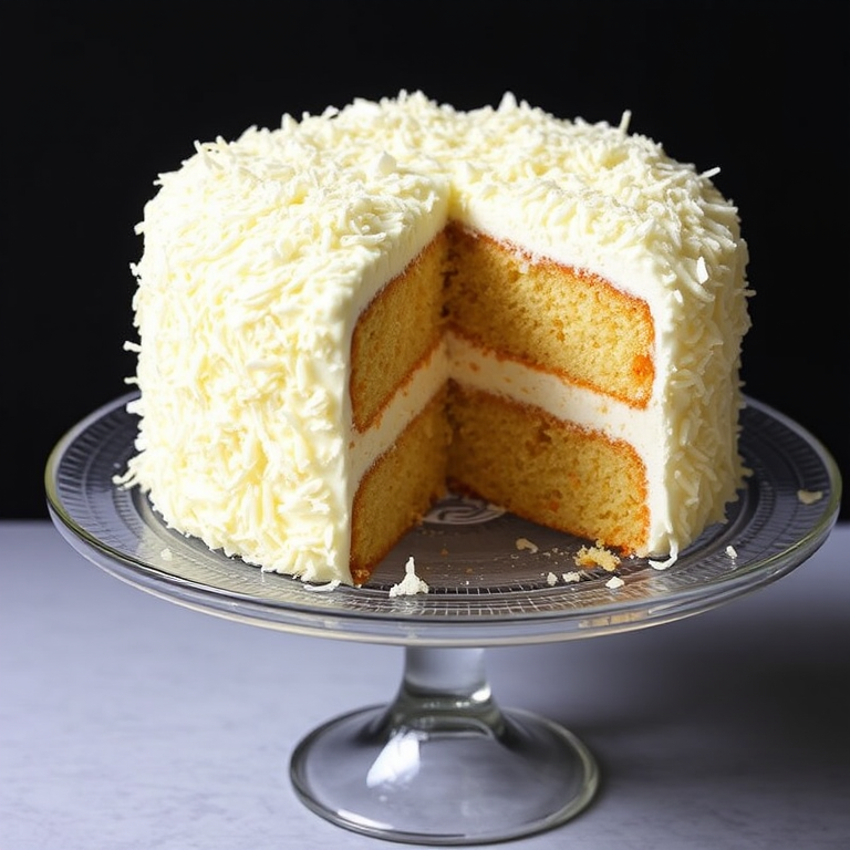 A beautifully decorated coconut cake with a fluffy white frosting and shredded coconut on top, presented on a glass cake stand, with one slice removed to reveal the layers inside, against a dark background.