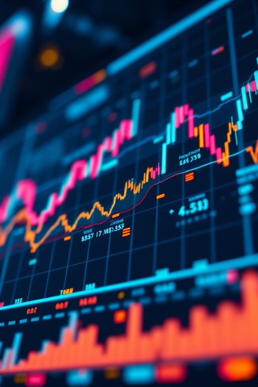 Generate a high-resolution image of a futuristic financial chart displaying dynamic glowing data visualizations, using a Canon EOS R5 camera at f/2.8 aperture, ISO 100, 1/60 shutter speed, in a low-angle view with a professional HDR editing style.
