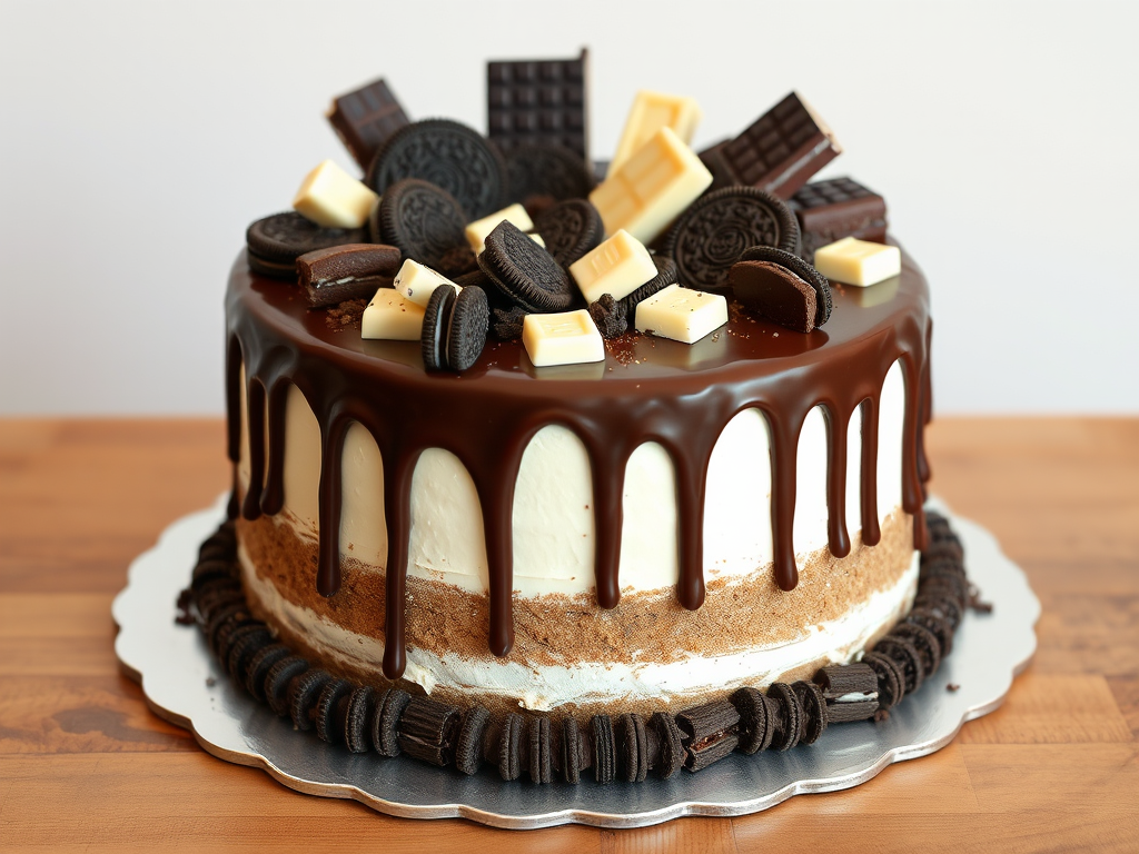 Create an image of a chocolate cake decorated with various chocolate bars and cookies on top the cake should have a smooth white frosting with chocolate ganache dripping down the sides include pieces of Hershey bars Oreo cookies and white chocolate bars scattered on top the cake should be displayed on a silver cake board and placed on a wooden table with a simple background
