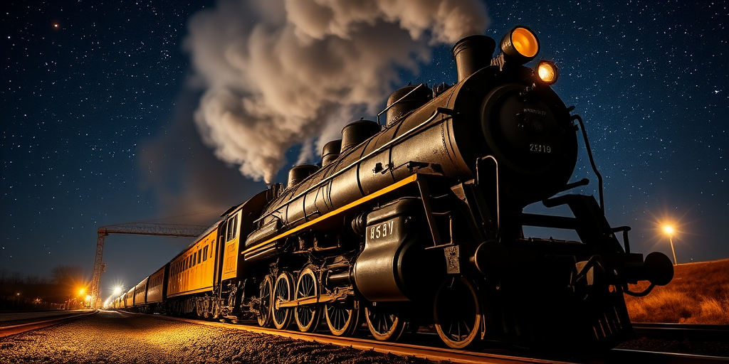 Create a digital artwork of a vintage steam locomotive surrounded by a starry night sky with shimmering light effects, using a Canon EOS R5 camera with an f/1.8 aperture, ISO 100, and 50mm lens, capturing a low-angle view to emphasize the train's details against a sparkling background.