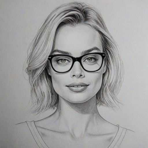 Graceful Margot Robbie, pencil sketch, portrait of Attractive woman 1966s in glasses, hair style beatnik, outline, clear lines, fine lines, 8k