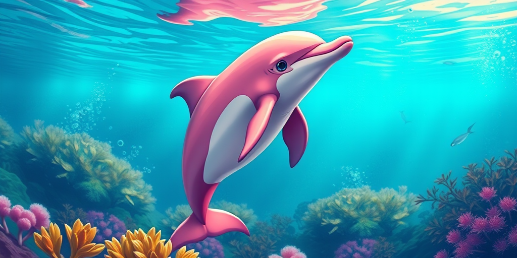 Create a highly detailed illustration of a pink dolphin swimming gracefully in a vibrant underwater scene, using a Canon EOS R5 with an aperture of f/8, ISO 100, and a shutter speed of 1/250 seconds, captured from a side view with a vibrant color palette and sharp focus.