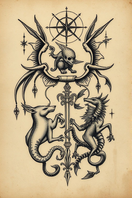 Vintage etching-inspired tattoo named "Timeworn Tales" with intricate linework and stippling to recreate the look of an antique illustration depicting mythological creatures and symbols