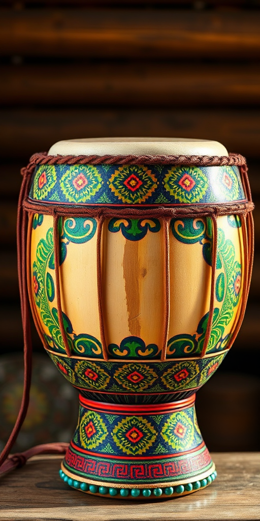 illustration of a decorative drum with intricate patterns, high resolution, bright colors, taken with a DSLR camera at f/2.8, ISO 100, 50mm lens, centered view, soft natural lighting