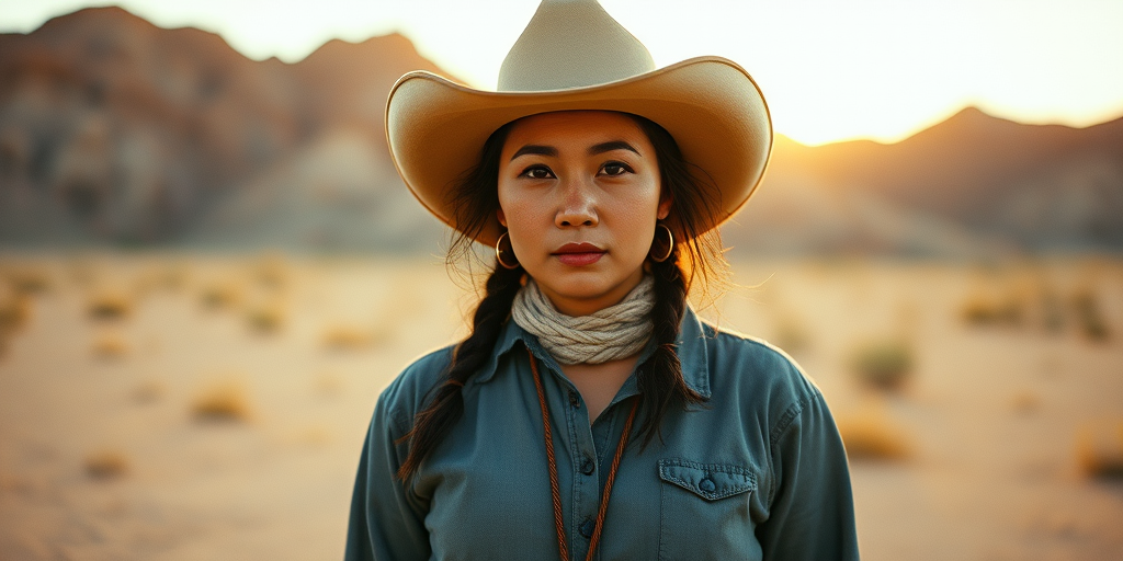 Dramatic photo of a beautiful Hmong woman, classic cowboy attire, confident and free spirit expression, half-length portrait, centered, golden hour desert landscape, warm, diffused light, low angle, medium format film camera, in style of Annie Leibovitz.