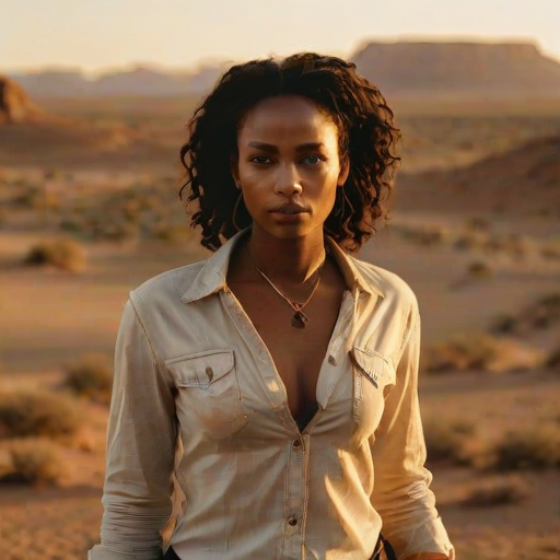Dramatic photo of a beautiful Nubian woman, classic cowboy attire, confident and free spirit expression, half-length portrait, centered, golden hour desert landscape, warm, diffused light, low angle, medium format film camera, in style of Annie Leibovitz.