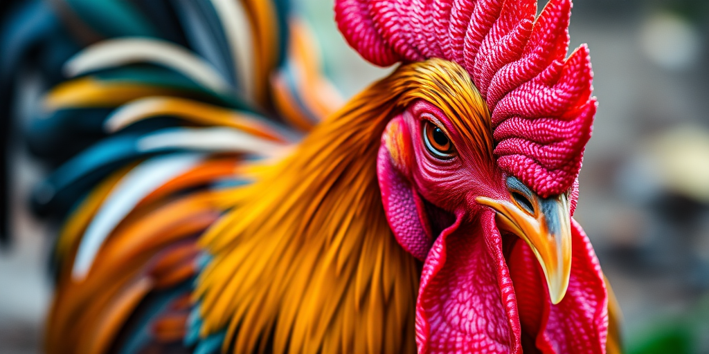 Regenerate a detailed illustration of a rooster in vibrant colors, capturing intricate feather patterns and textures, with a DSLR camera at f/2.8 aperture, 50mm lens, ISO 200, through a macro view to enhance clarity and depth of field.