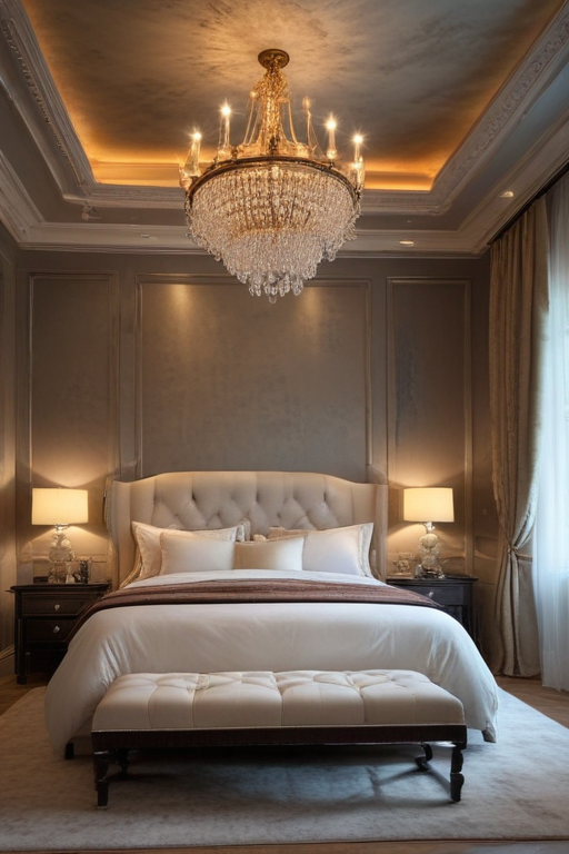 Elegant Bedroom Design Featuring a Luxurious Chandelier and Cozy Decor