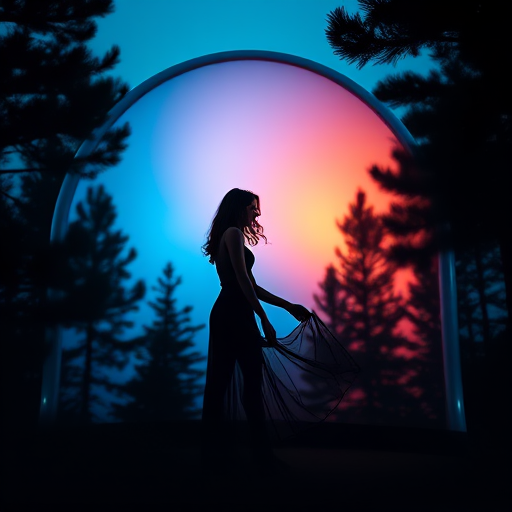 Imagine a silhouette of a woman in a flowing dress standing inside a glowing dome with vibrant hues of blue and orange in the background, surrounded by dark pine trees, captured with a DSLR camera, f/2.8 aperture, ISO 100, 50mm lens, shooting in portrait mode with soft focus.