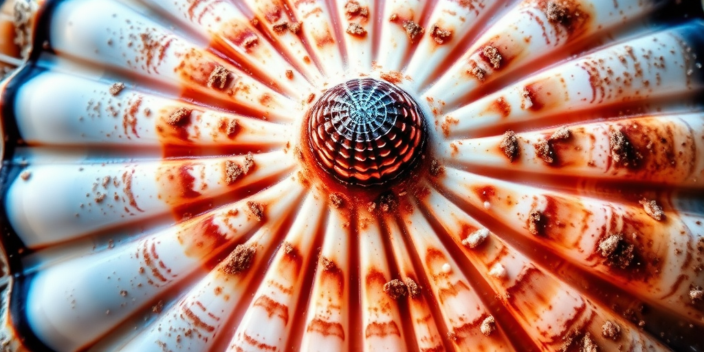 a highly detailed close-up of a scallop shell with intricate textures and colors, taken with a DSLR camera at f/2.8 aperture, 1/125 sec shutter speed, ISO 100, shot from a top-down perspective using natural lighting for enhanced clarity and vibrancy