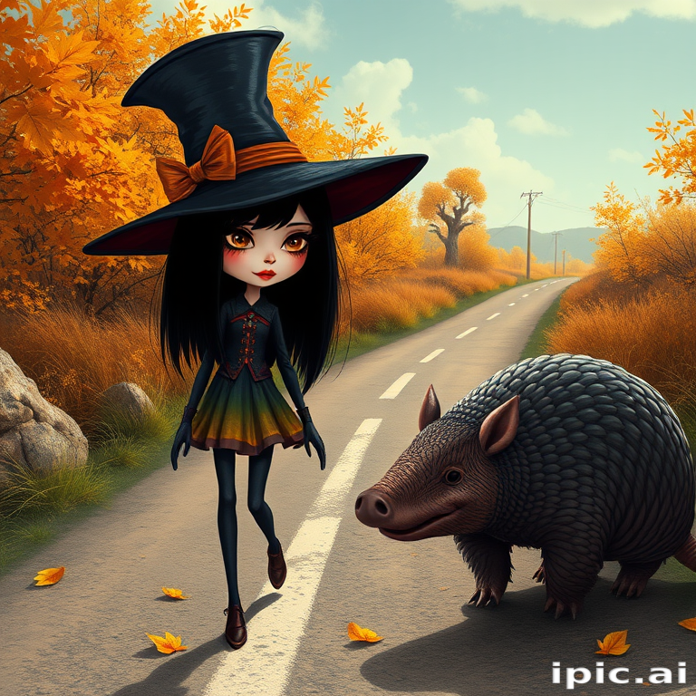 digital art fantasy depicting a strange girl with black hair, long eyelashes, orange lipstick and a tall hat walking along a winding road on an autumn afternoon, an armadillo smiles as he passes