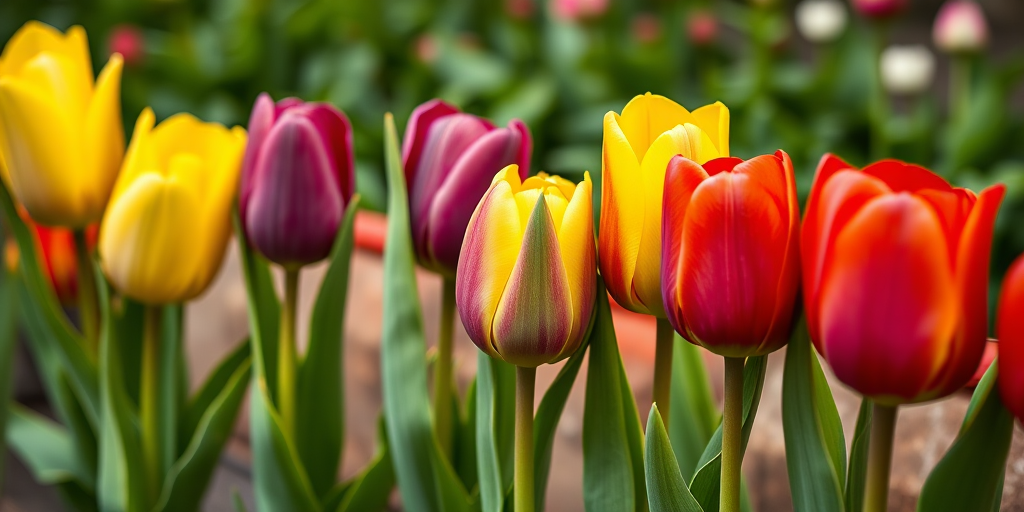 vibrant tulips in a row, various colors including yellow, purple, red, and their green leaves, taken with a DSLR camera, aperture f/2.8, 50mm lens, shallow depth of field, natural lighting, close-up shot, high-resolution image