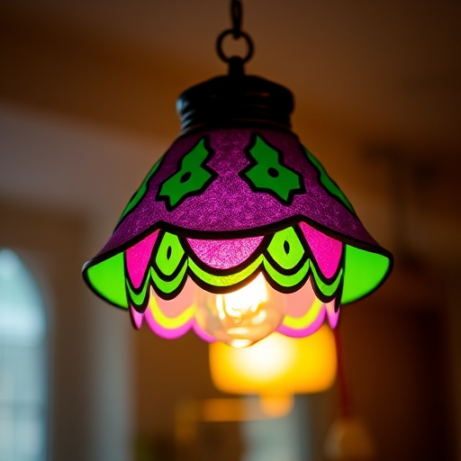 Create an image of a colorful pendant light with a purple shade and green accents, illuminated softly, with a warm yellow glow in the background, captured at 50mm, f/2.8, ISO 100, with a shallow depth of field to emphasize the light fixture and blur the background, using a DSLR camera.