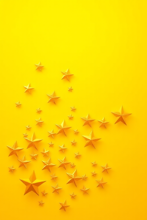 Create a vibrant illustration of golden stars in various sizes against a bright yellow background, using a Canon EOS R5 camera, 50mm lens, f/1.8 aperture, ISO 100, and shooting at a shallow depth of field to enhance clarity and contrast.