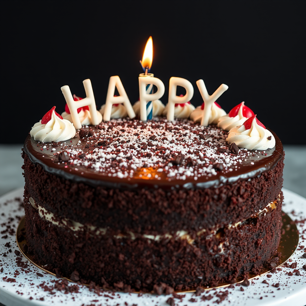 black forest gateau cake, spelling out the words "HAPPY BDAY", tasty, food photography, dynamic shot