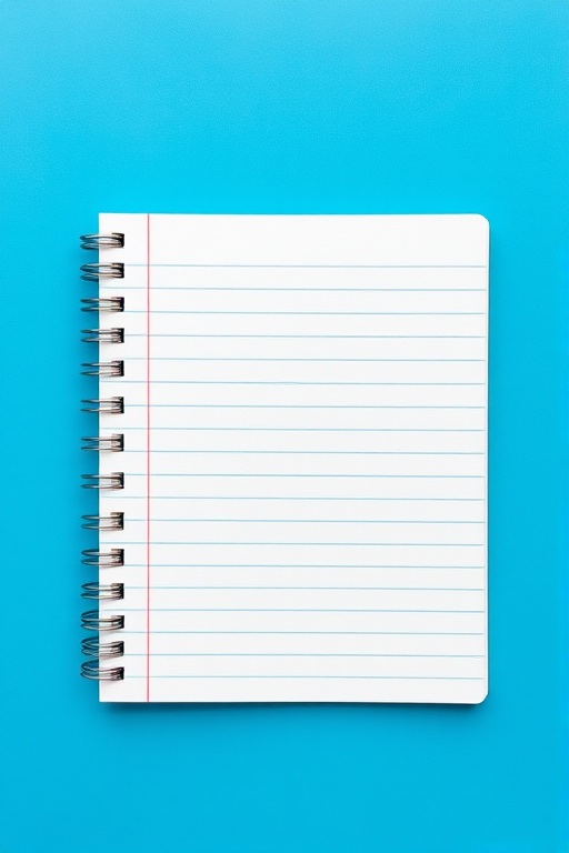Create a high-quality image of an empty, lined notebook page with a bright blue background, shot with a Canon EOS R5 camera, using an aperture of f/2.8, ISO 100, and a focal length of 50mm, top-down view, in natural lighting for a flat lay presentation.