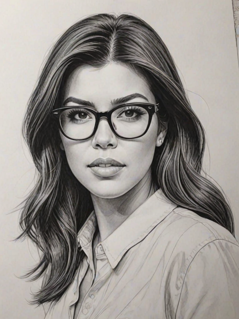 Captivating Kourtney Kardashian, pencil sketch, portrait of Exquisite woman 1944s in glasses, hair style beatnik, outline, clear lines, fine lines, 8k