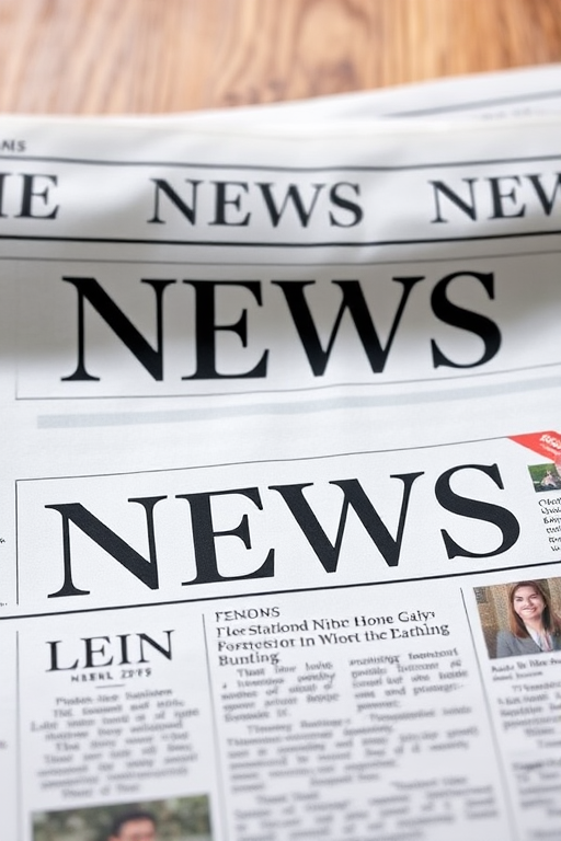 Create a high-resolution newspaper image with a clean layout showing the headline "NEWS" prominently, use a 50mm lens, aperture f/2.8, ISO 100, shot from a top-down view with a soft focus background, using a DSLR camera for enhanced clarity.