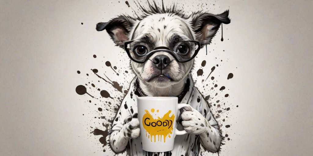 A quirky, artistic illustration of a disheveled bull arab dog breed with exaggerated, large eyes and spiky fur, holding a coffee mug that reads "Good Morning". The dog has a tired but humorous expression, with ink splatters and abstract details surrounding it, giving a whimsical feel to the image. The color palette is mostly monochrome with hints of white in the eyes and steam rising from the mug, enhancing the overall sleepy vibe