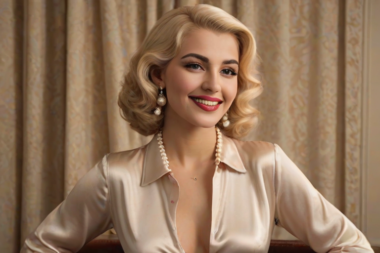 A beautiful Chaldean woman reminiscent of 1950s Hollywood glamour, with perfectly styled blonde hair and a seductive smile, dressed in a satin blouse and adorned with pearls, soft and warm tones, photorealistic, 8K