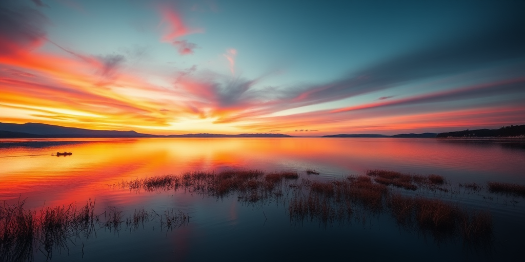 Create a high-resolution image of a sunset over a calm lake with vibrant colors, captured with a Canon EOS R5, 24mm lens, aperture f/8, shutter speed 1/125 sec, ISO 100, in landscape orientation, with a warm color balance to enhance details and reflections.