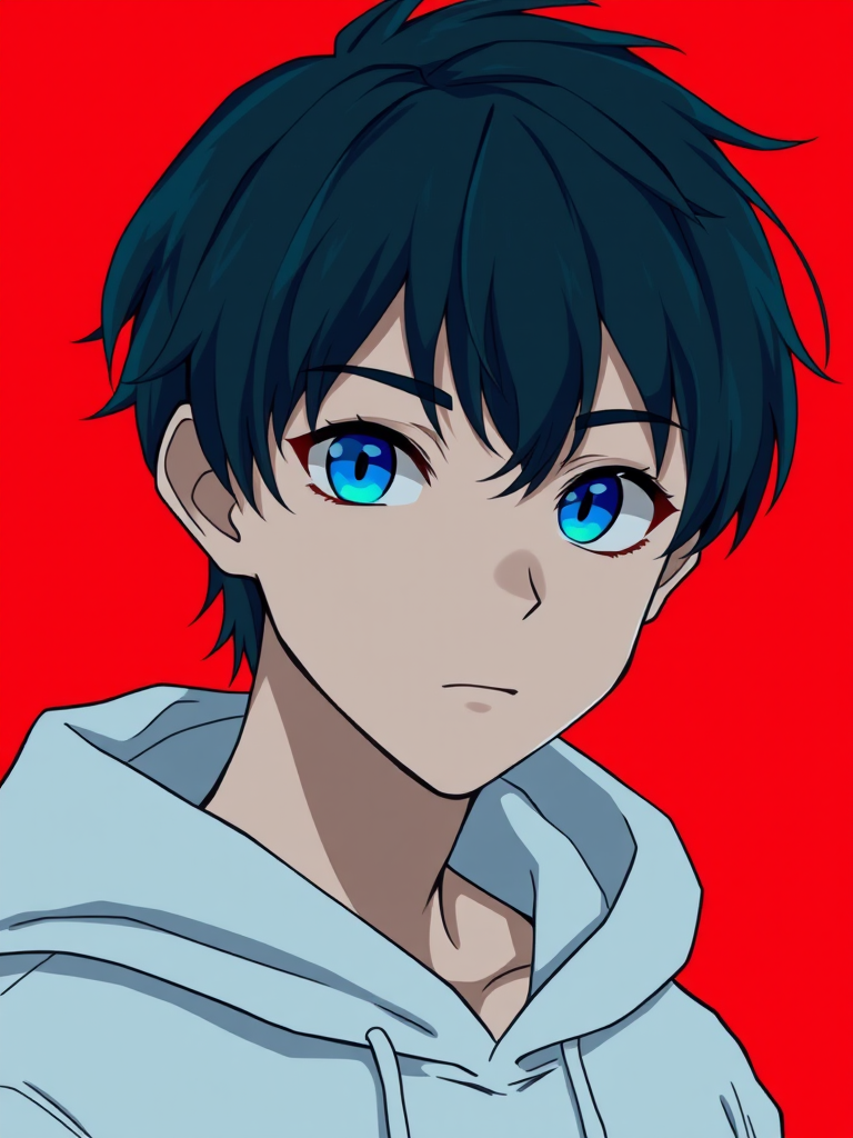 Generate an anime-style portrait of a young male character with short, dark hair and piercing blue eyes, wearing a white hoodie, set against a vibrant red background, using a Canon EOS R5 with a 50mm f/1.2 lens, aperture set to f/2.8, ISO 100, and shot in portrait mode.