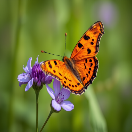 Create an image of a butterfly with vibrant orange wings adorned with black spots, perched on a delicate purple flower. The background should feature a soft, blurred green landscape, enhancing the focus on the butterfly and flower. The scene should convey a sense of tranquility and natural beauty.