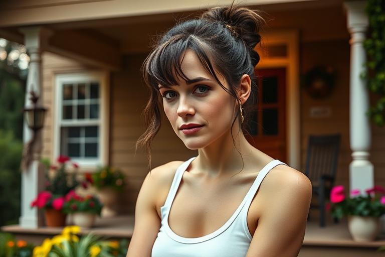 A photo of Amy Adams with a background of a cozy porch. She has dark hair pulled back in an updo, with tendrils framing her face. She wears a white tank top and sits on the porch. The porch is part of a well-lit home with a warm, earthy tone and colorful flowers and foliage. The overall scene has a warm, welcoming, and comfortable ambiance.
