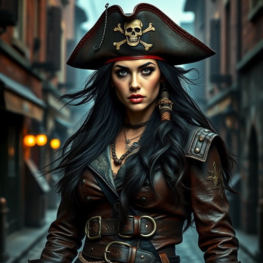 Create a portrait of a fierce female pirate. She wears a leather tricorn hat adorned with a skull and crossbones emblem, and her long, dark hair flows around her face. Her outfit consists of a richly detailed leather jacket, a corset, and multiple layers of belts and accessories, giving her a formidable and stylish appearance. She stands confidently in a dimly lit, historic port town, with a backdrop of weathered buildings and cobblestone streets, capturing the adventurous spirit of a pirate.