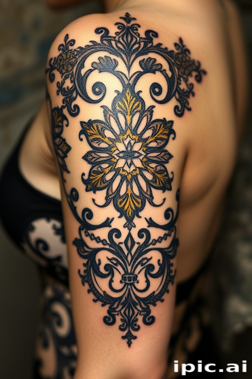 Ornamental tattoo "Regal Embellishment" featuring intricate lace-like patterns and filigree designs in black ink with touches of metallic gold for an elegant, jewelry-inspired look