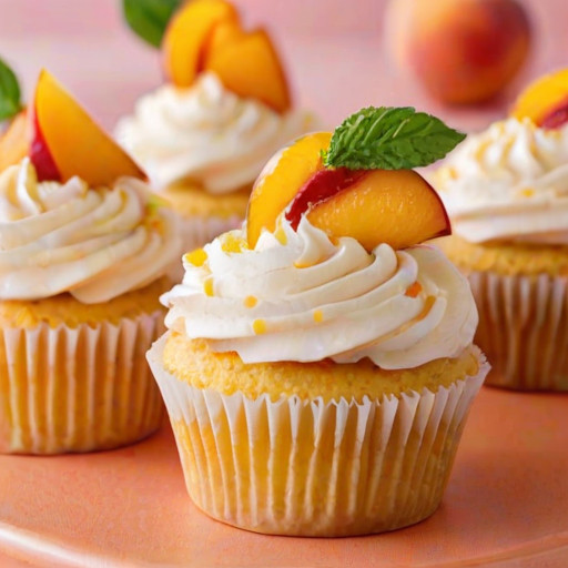 Create an image of delicious peach cupcakes with swirls of peach and cream frosting. The cupcakes should be topped with a sprinkle of powdered sugar and garnished with fresh peach slices and mint leaves. Place them on a bright, summery background to enhance the cheerful vibe.