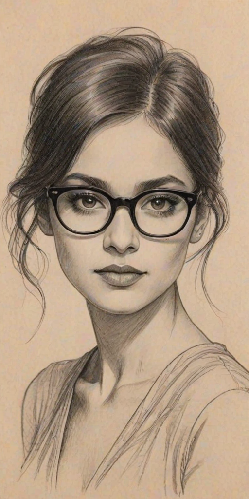 Stunning Melanie Chandra, pencil sketch, portrait of Enchanting woman 1924s in glasses, hair style beatnik, outline, clear lines, fine lines, 8k